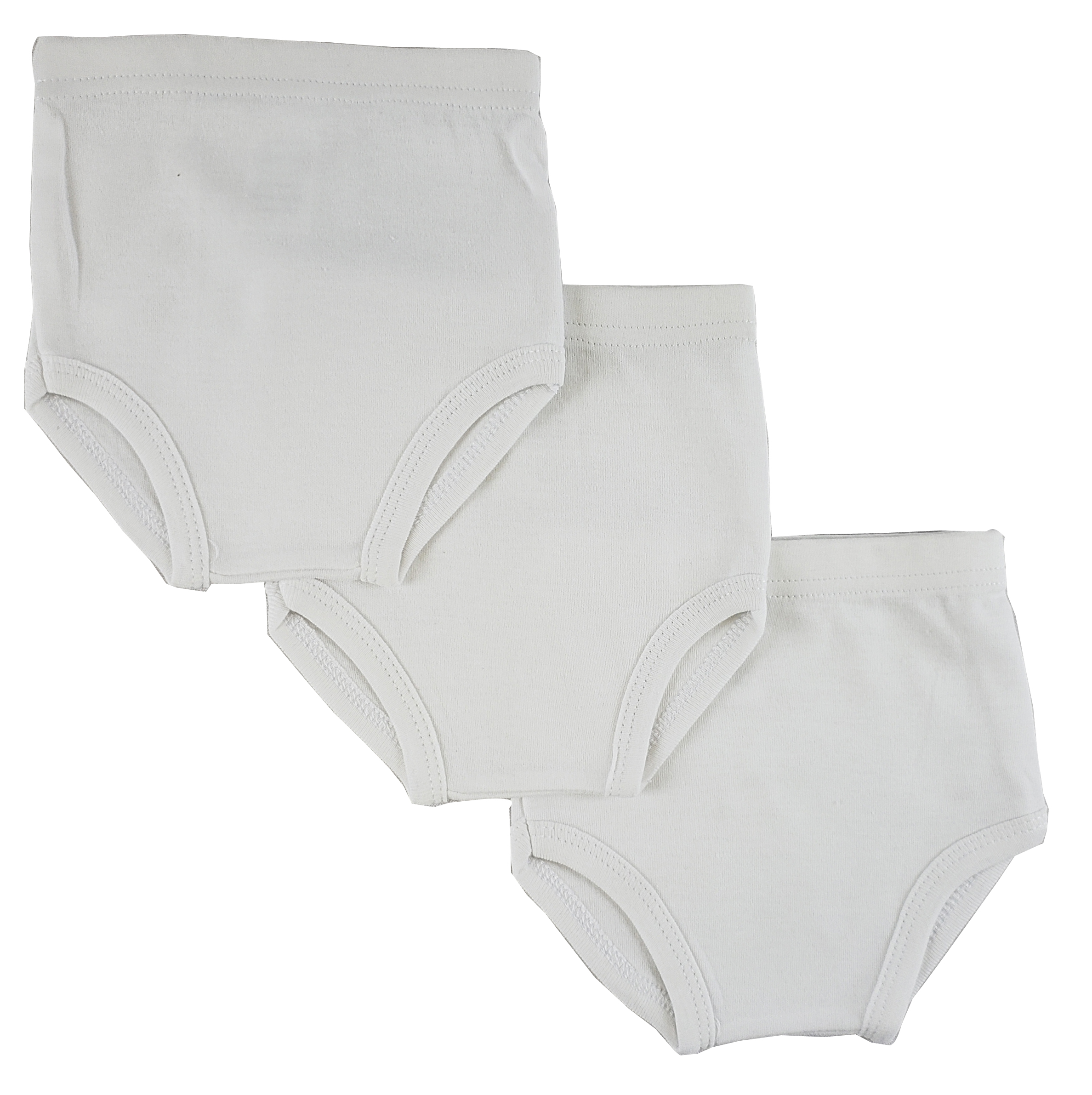 Three pairs of white cotton training pants for toddlers, neatly folded and displayed.