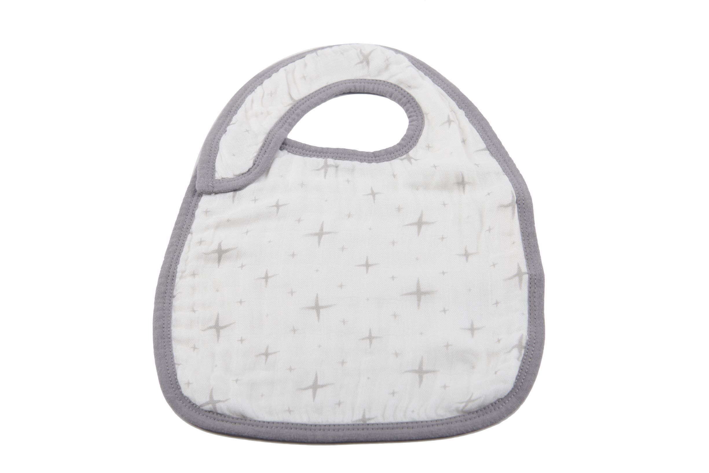 Three stylish Traveler Bamboo Muslin Snap Bibs in various colors, featuring three snaps for adjustable fit, made from soft and absorbent bamboo muslin.