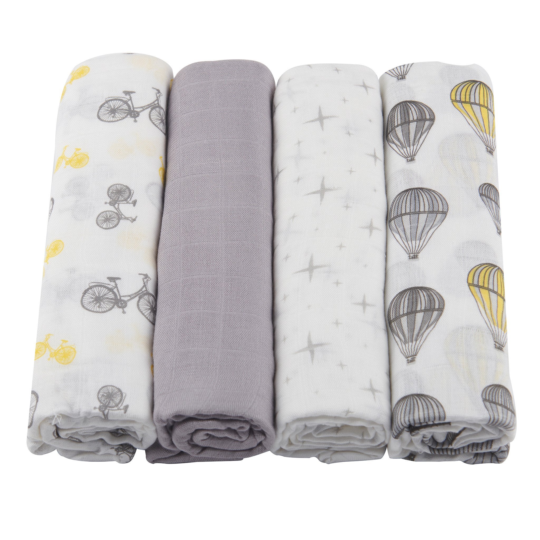 A pack of four soft and breathable bamboo muslin swaddles, showcasing their generous size and versatility for baby care.