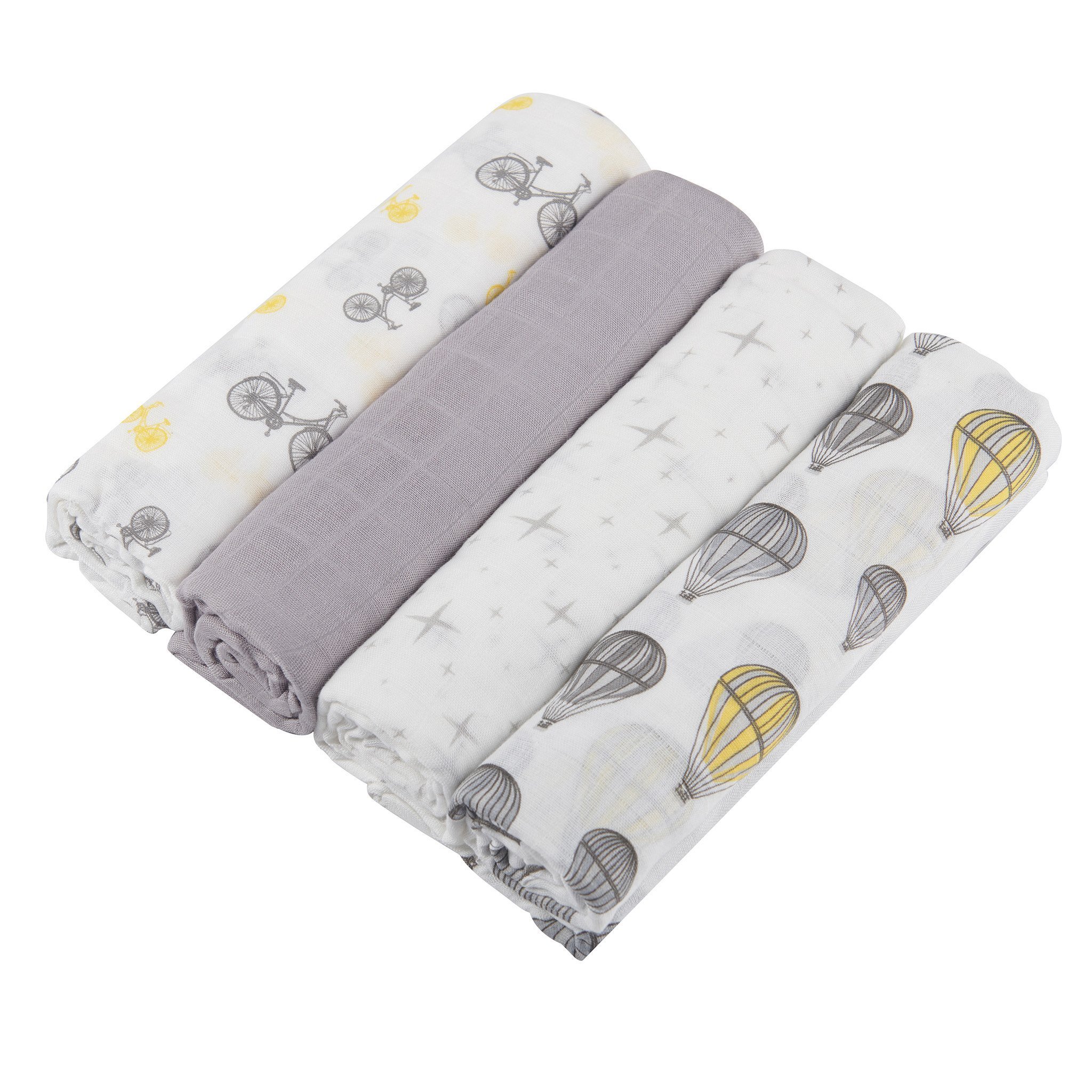 A pack of four soft and breathable bamboo muslin swaddles, showcasing their generous size and versatility for baby care.