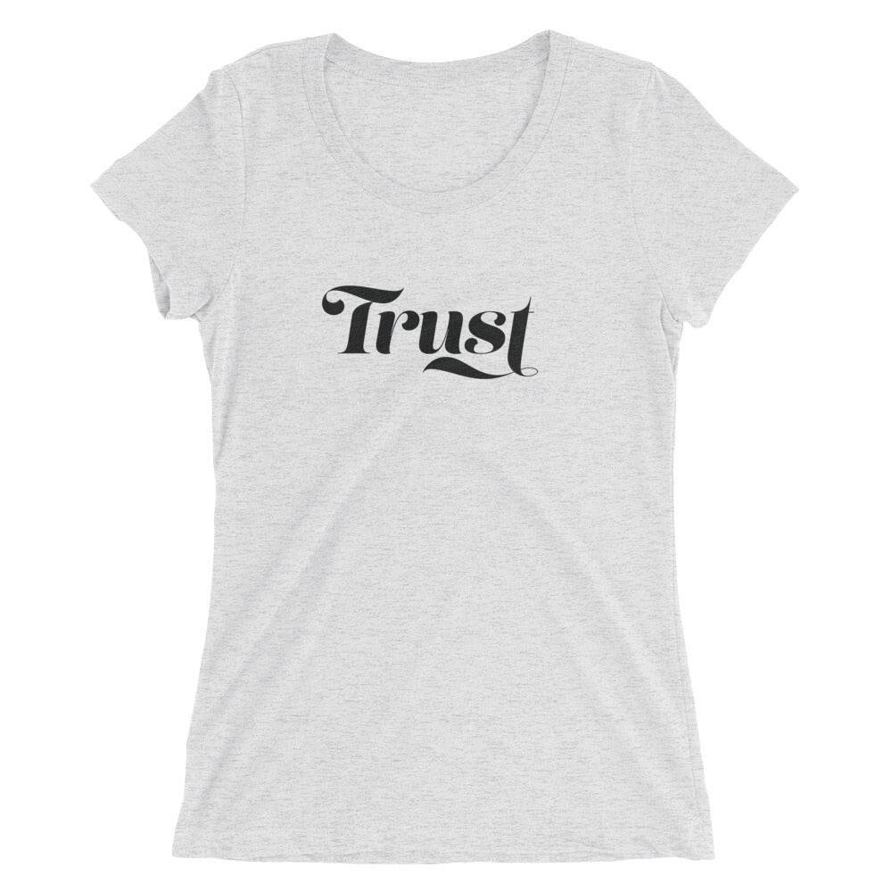 A super-soft Trust t-shirt featuring a slightly lower neckline, ribbed crew neck, and set-in sleeves, available in various sizes.