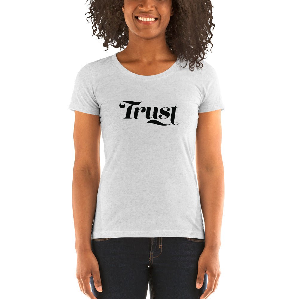 A super-soft Trust t-shirt featuring a slightly lower neckline, ribbed crew neck, and set-in sleeves, available in various sizes.