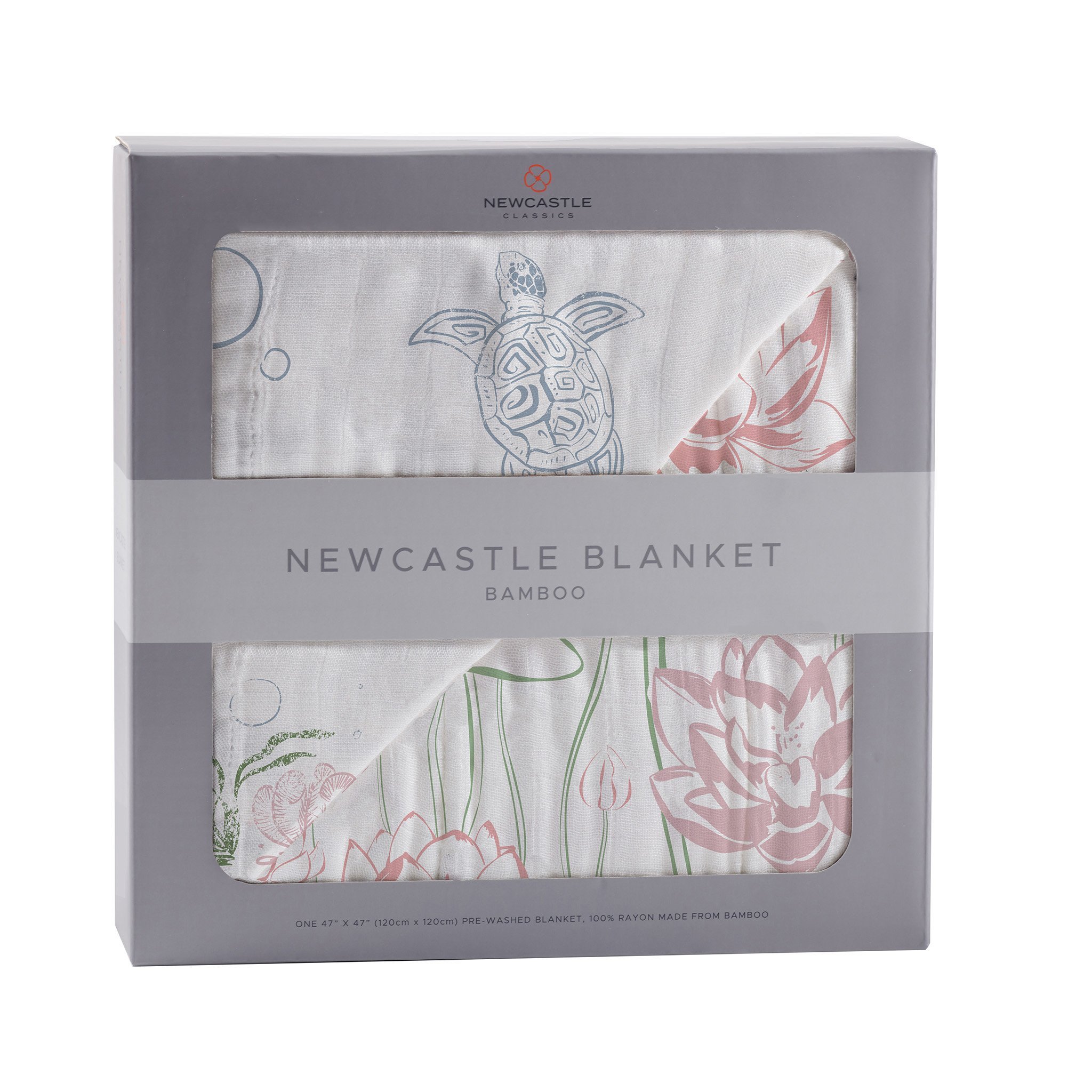 Turtles and Water Lily Bamboo Muslin Newcastle Blanket, featuring a playful design with turtles and water lilies, made from soft bamboo muslin.