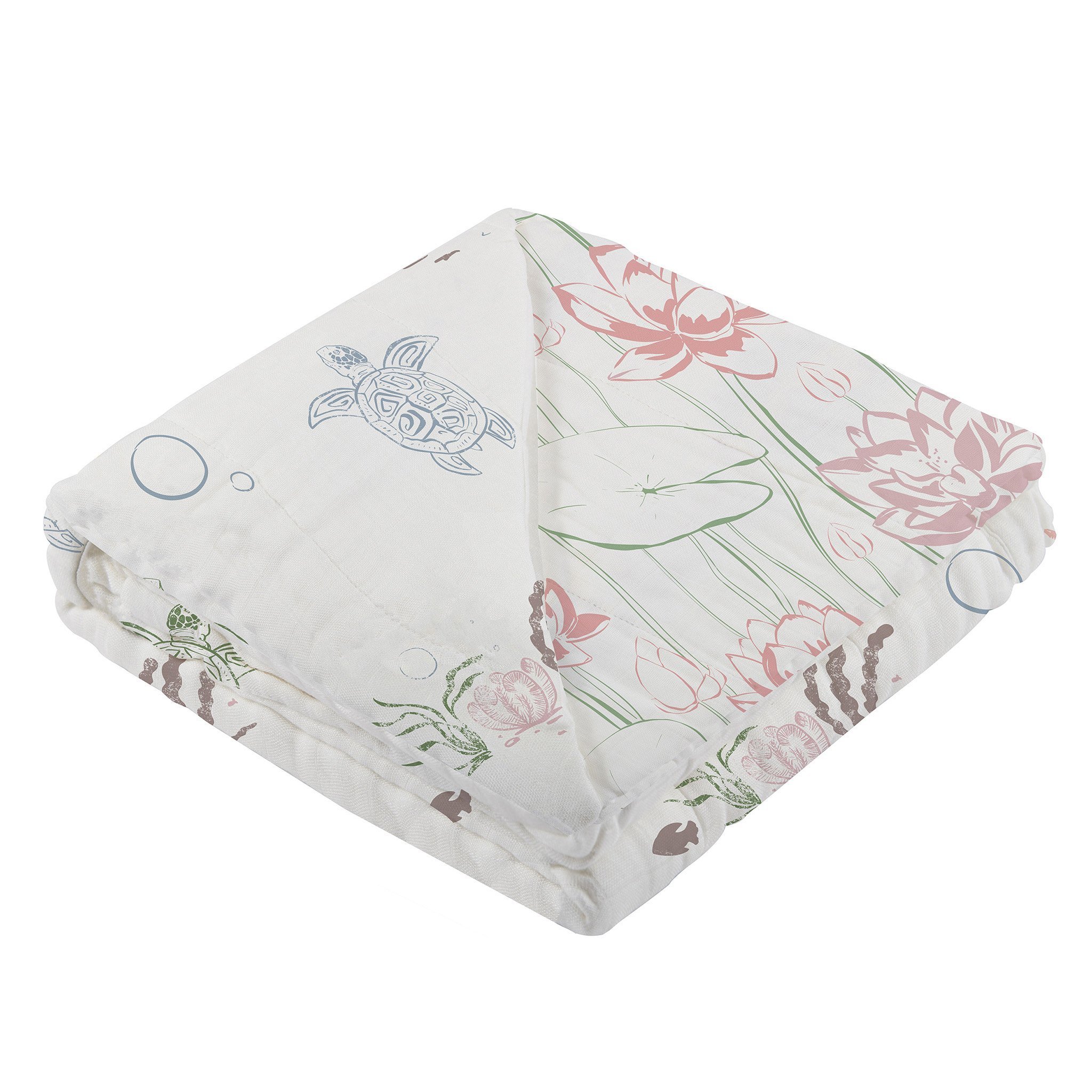 Turtles and Water Lily Bamboo Muslin Newcastle Blanket, featuring a playful design with turtles and water lilies, made from soft bamboo muslin.