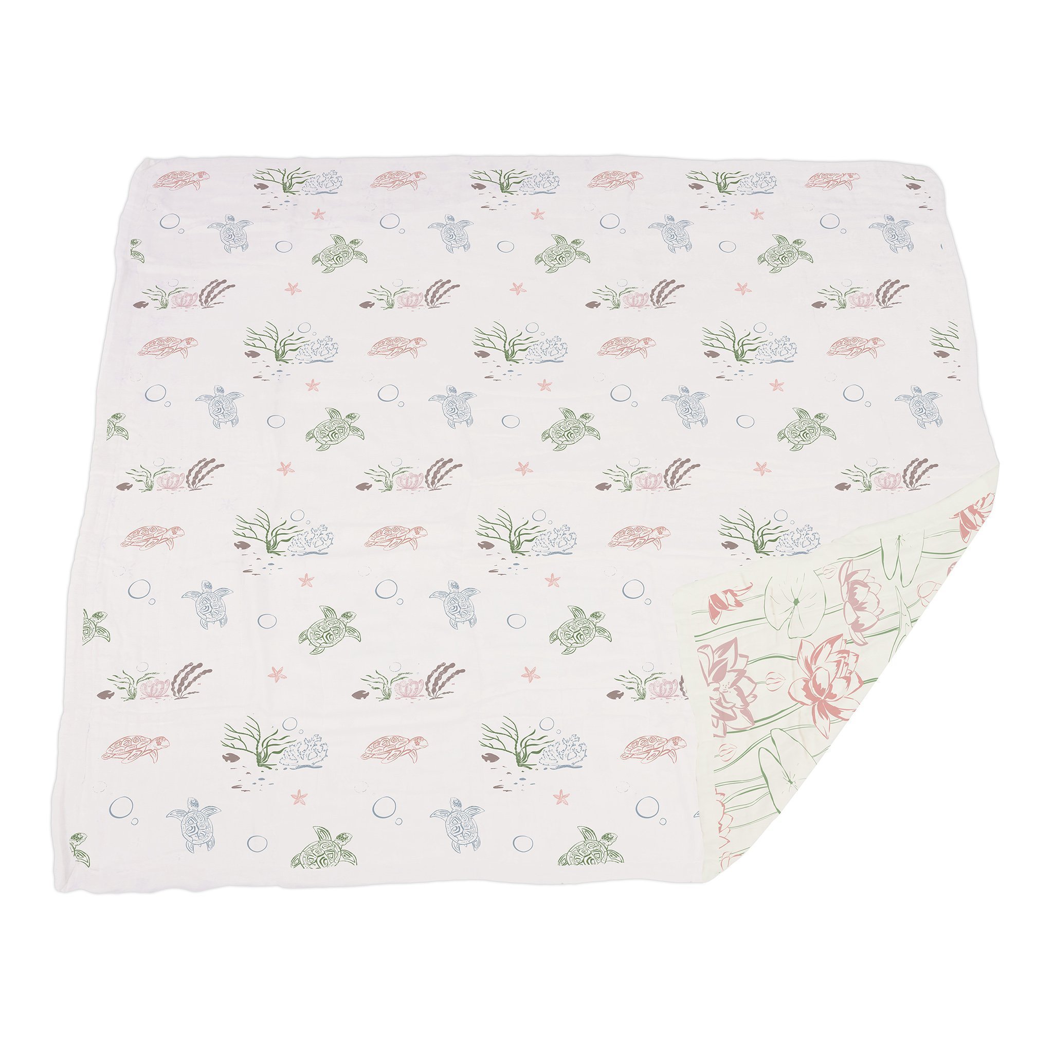 Turtles and Water Lily Bamboo Muslin Newcastle Blanket, featuring a playful design with turtles and water lilies, made from soft bamboo muslin.