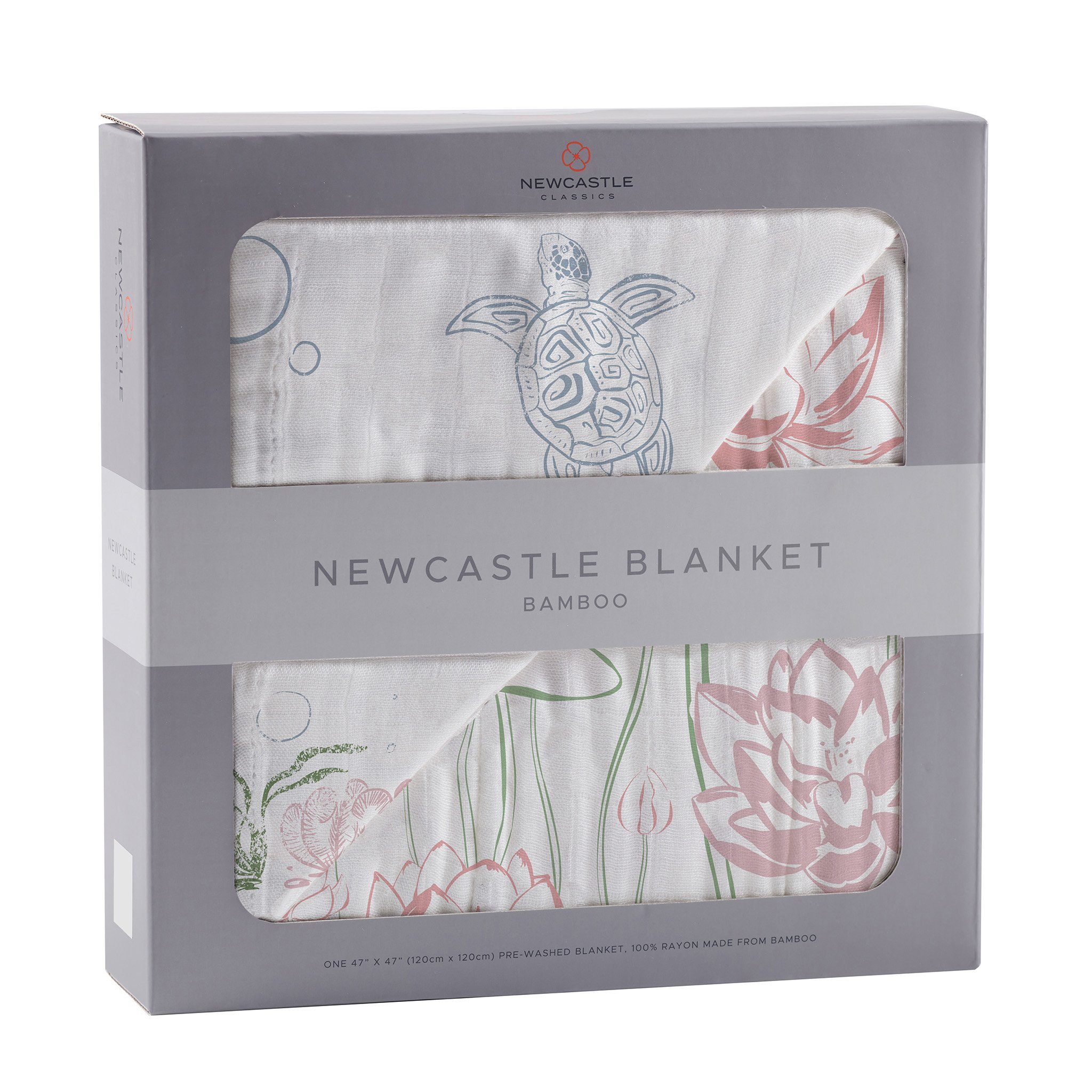 Turtles and Water Lily Bamboo Muslin Newcastle Blanket, featuring a playful design with turtles and water lilies, made from soft bamboo muslin.