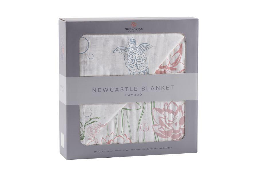 Turtles and Water Lily Bamboo Muslin Newcastle Blanket, featuring a playful design with turtles and water lilies, made from soft bamboo muslin.