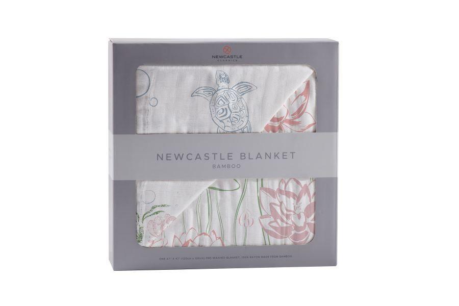 Turtles and Water Lily Bamboo Muslin Newcastle Blanket, featuring a playful design with turtles and water lilies, made from soft bamboo muslin.