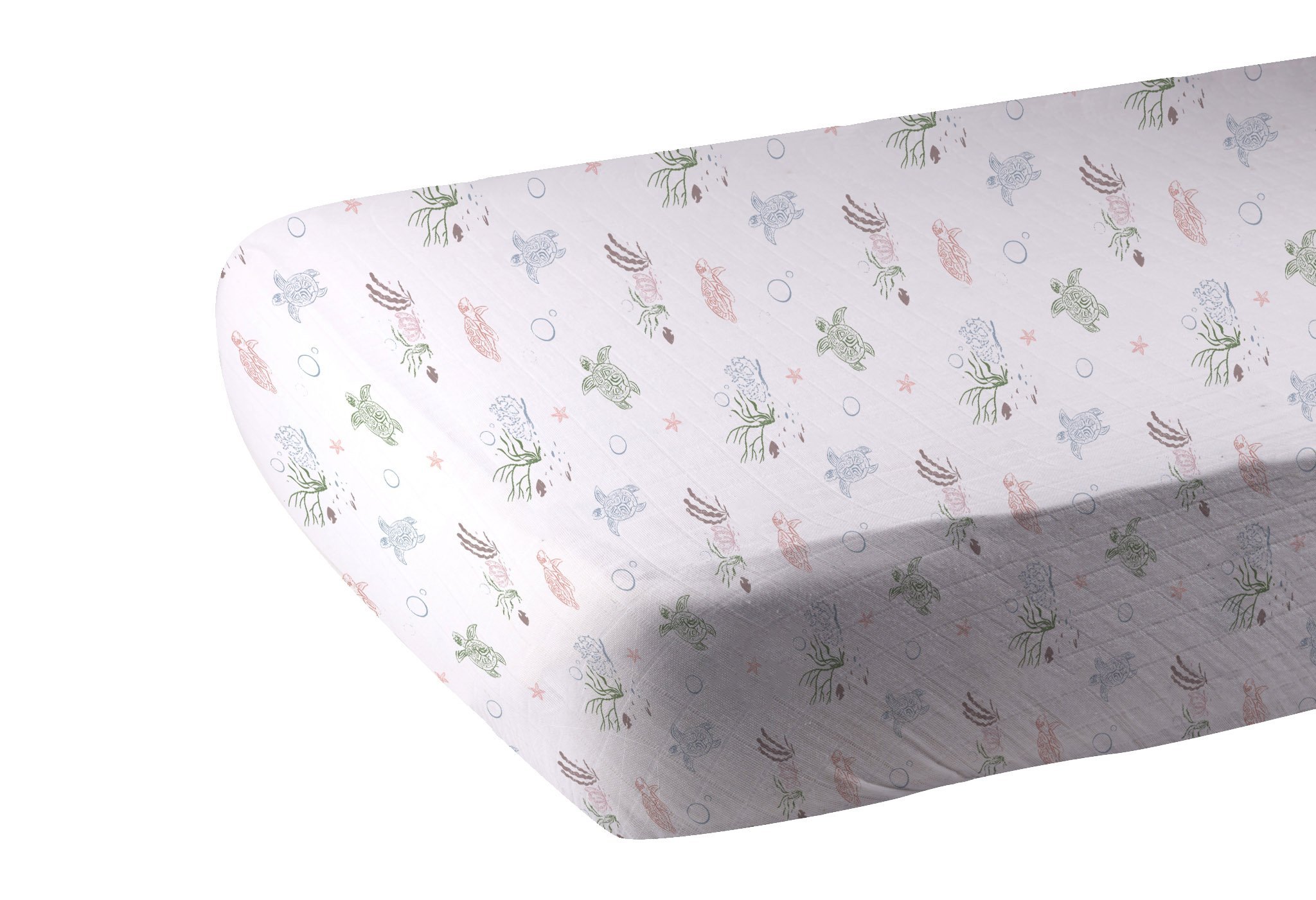 Turtles Bamboo Muslin Crib Sheet featuring soft, breathable fabric with a turtle pattern, designed for standard crib mattresses.