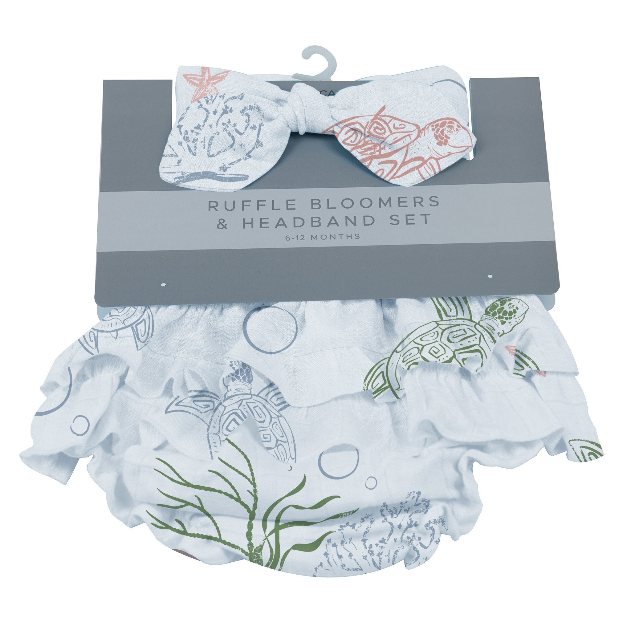 Turtles Ruffle Bamboo Bloomer Headband Set featuring soft bamboo fabric with ruffle details and turtle design for babies aged 6-12 months.