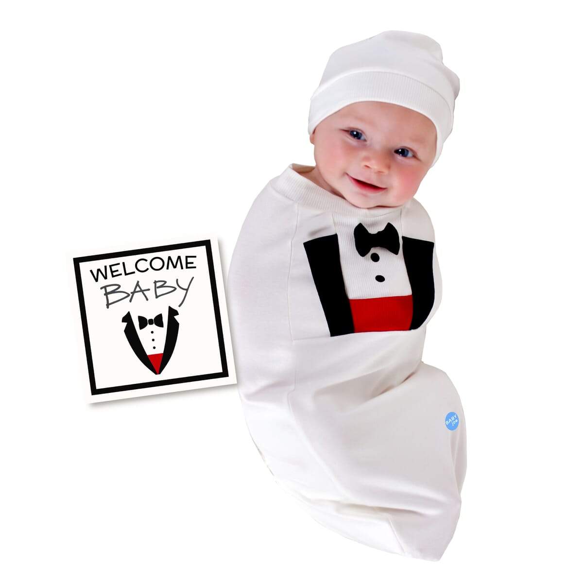 Tuxedo Baby cocoon swaddle set with matching headpiece and announcement card, designed for newborns.