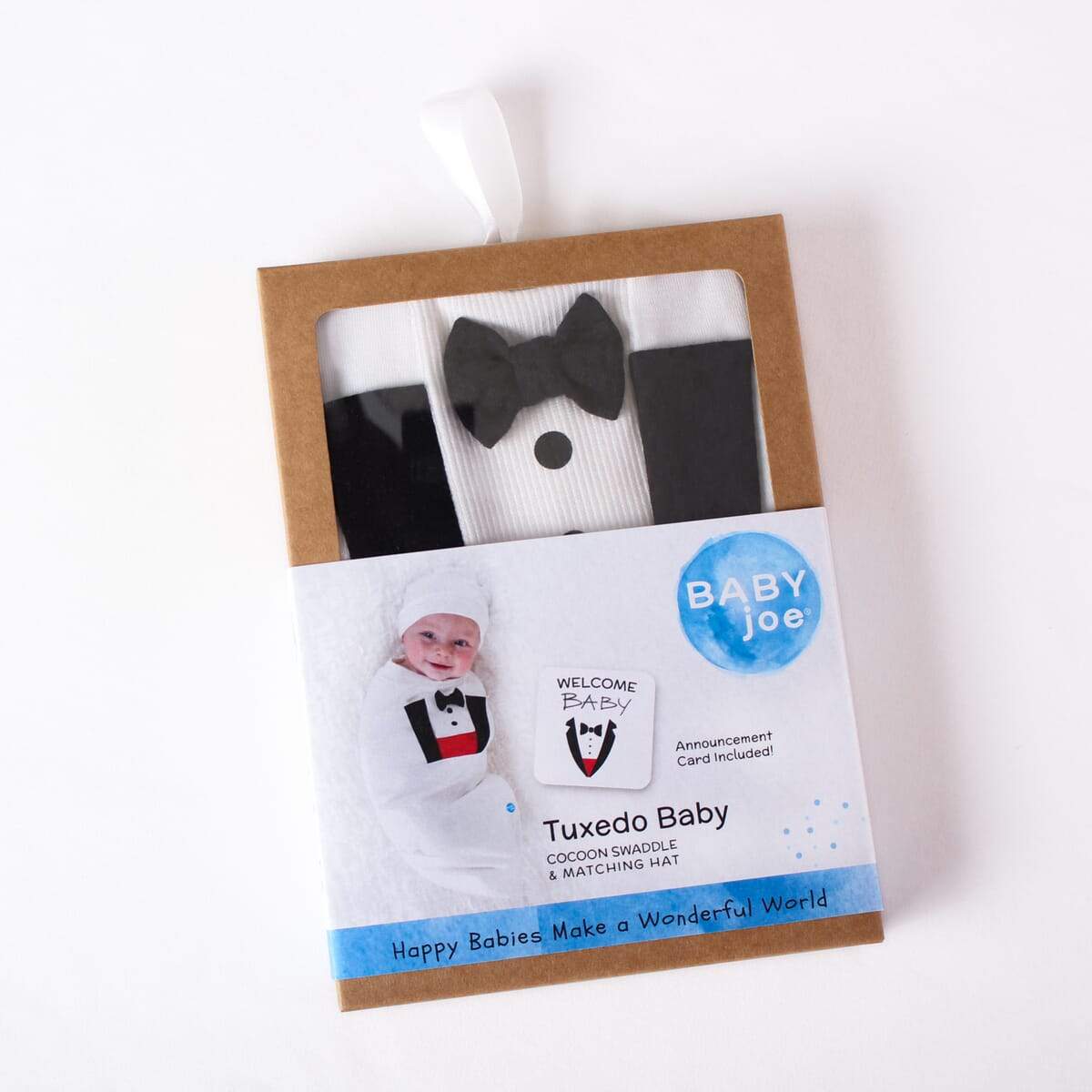 Tuxedo Baby cocoon swaddle set with matching headpiece and announcement card, designed for newborns.