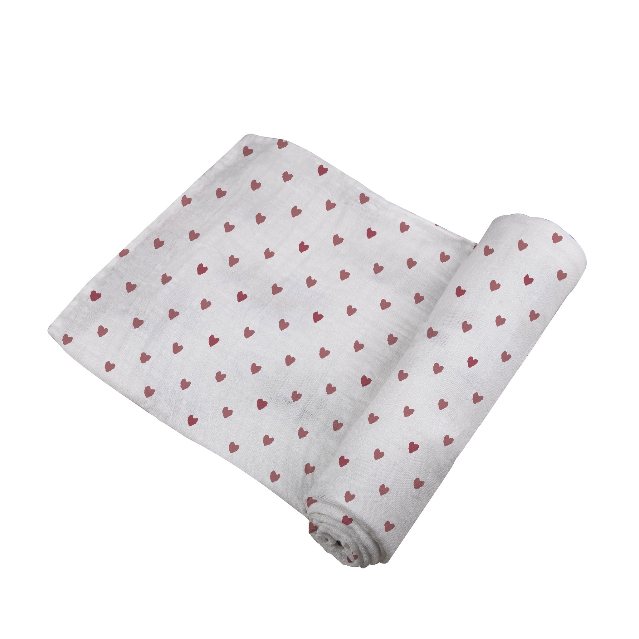 Two Hearts Bamboo Swaddle in soft bamboo muslin, showcasing its generous size and breathable fabric, perfect for swaddling and multi-functional use.