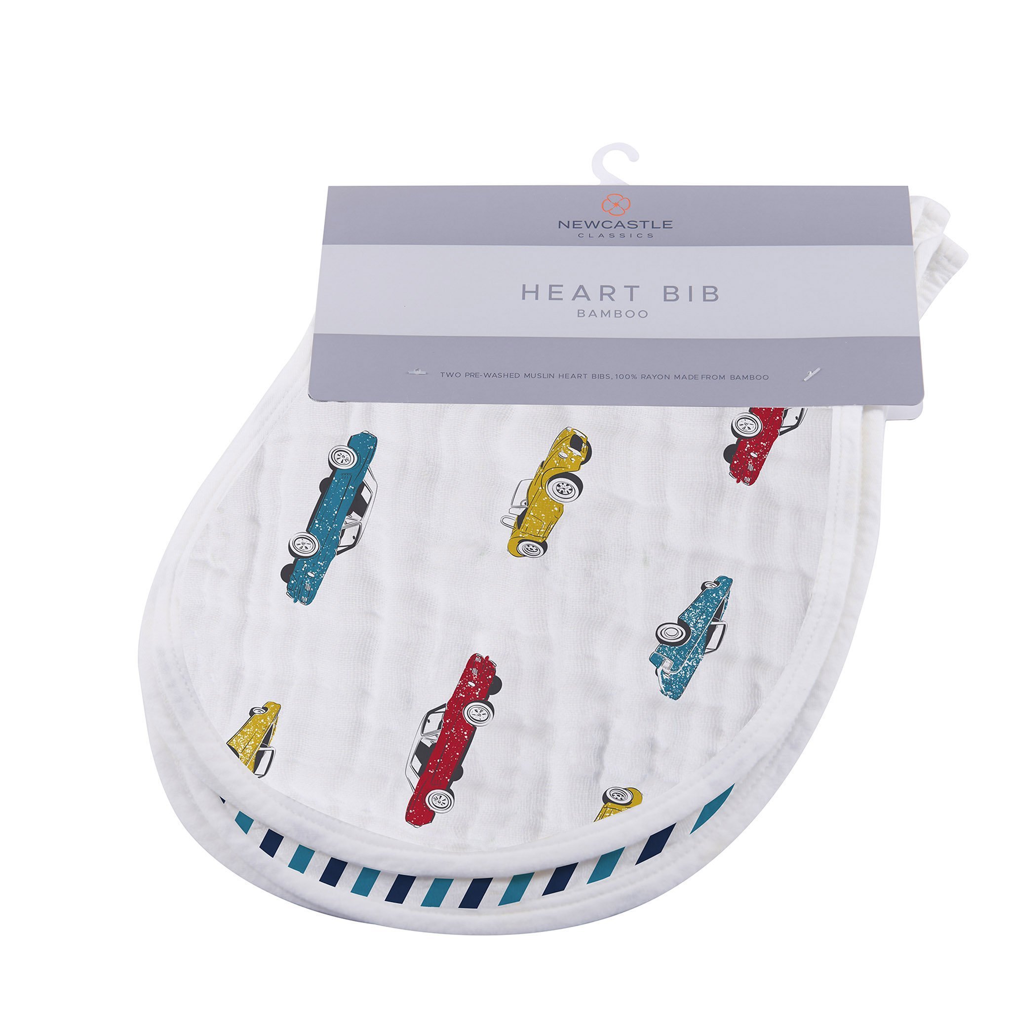 Two stylish bamboo heart bibs with snap closure, perfect for feeding and teething, showcasing soft and absorbent fabric.