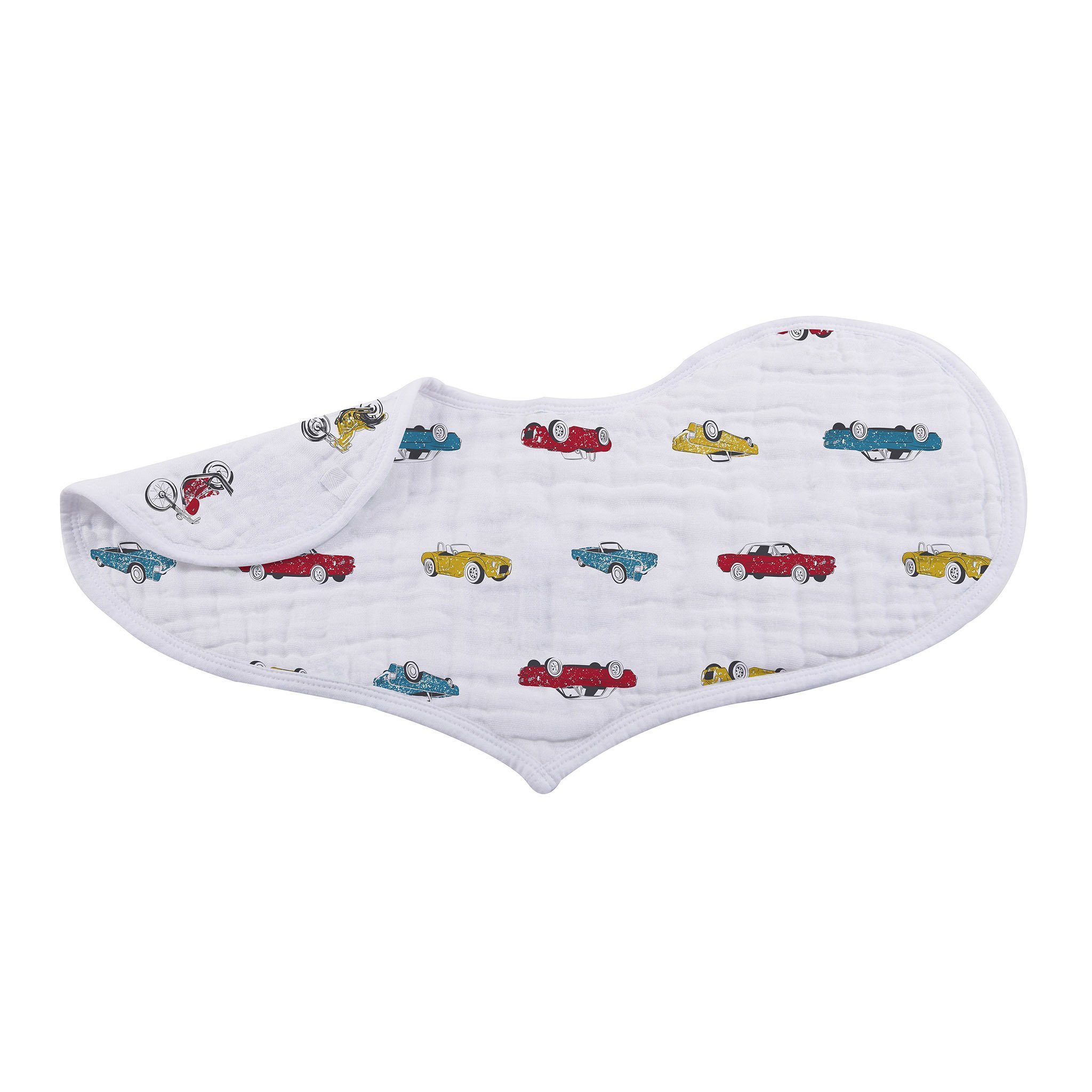 Two stylish bamboo heart bibs with snap closure, perfect for feeding and teething, showcasing soft and absorbent fabric.