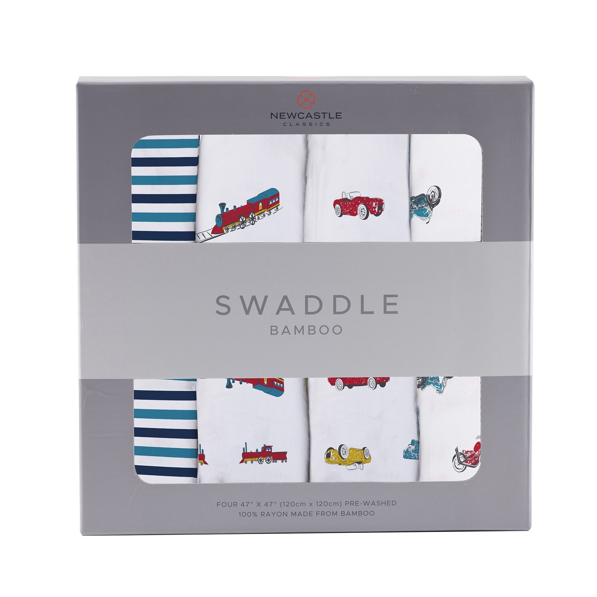 A pack of four soft bamboo muslin swaddles, each measuring 47" x 47", showcasing their breathable fabric and versatility for various uses.