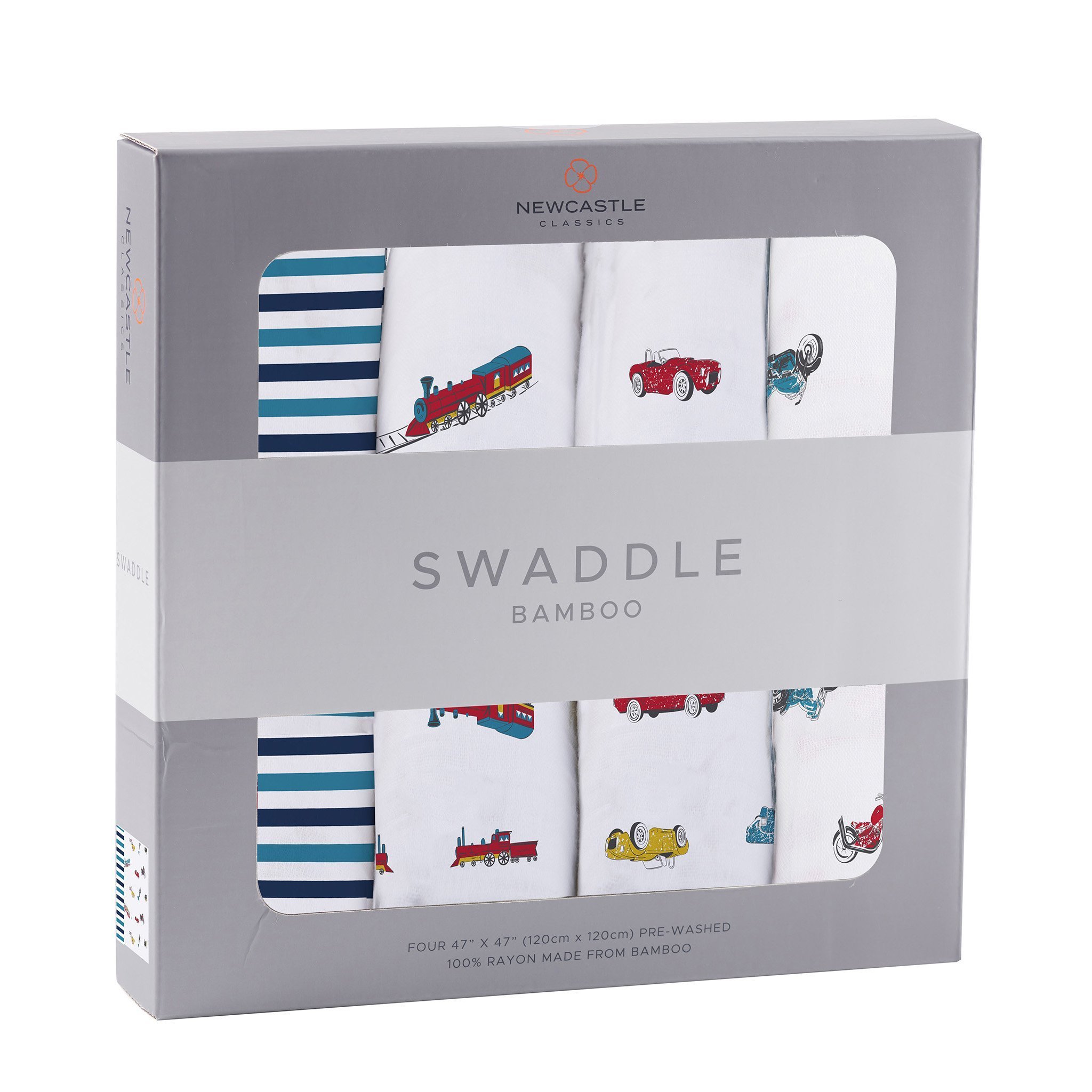 A pack of four soft bamboo muslin swaddles, each measuring 47" x 47", showcasing their breathable fabric and versatility for various uses.