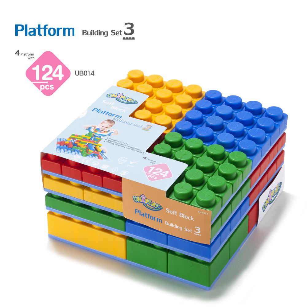 UNiPLAY Platform featuring 124 colorful soft building blocks designed for safe play and developmental learning for babies over 3 months.