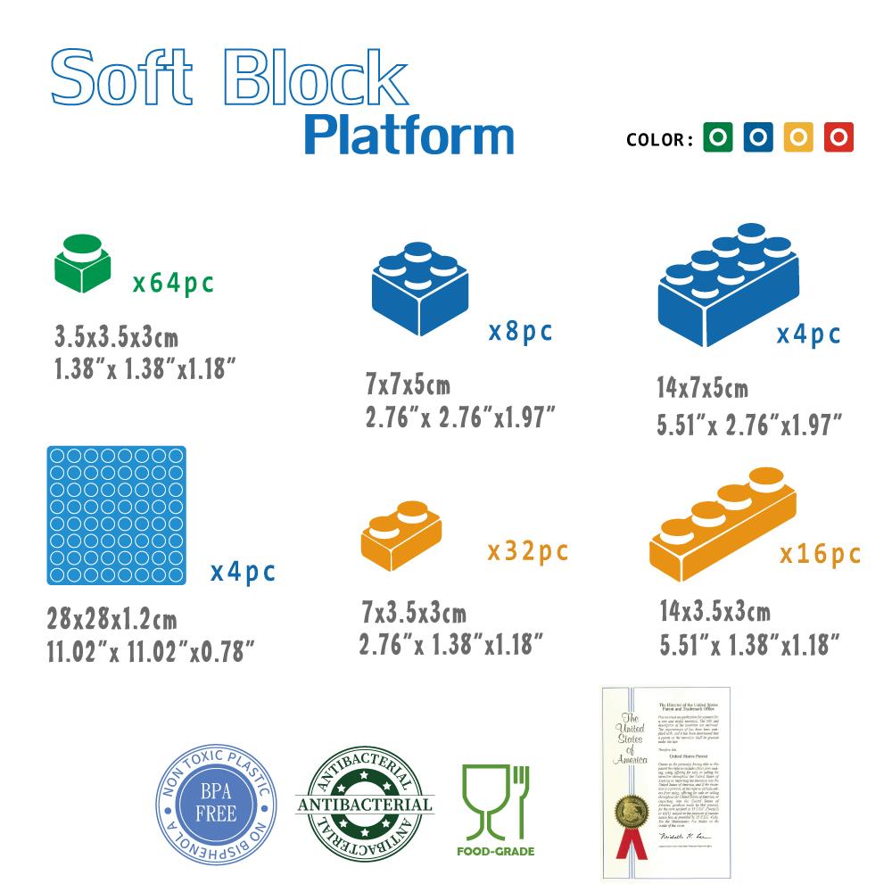 UNiPLAY Platform featuring 124 colorful soft building blocks designed for safe play and developmental learning for babies over 3 months.