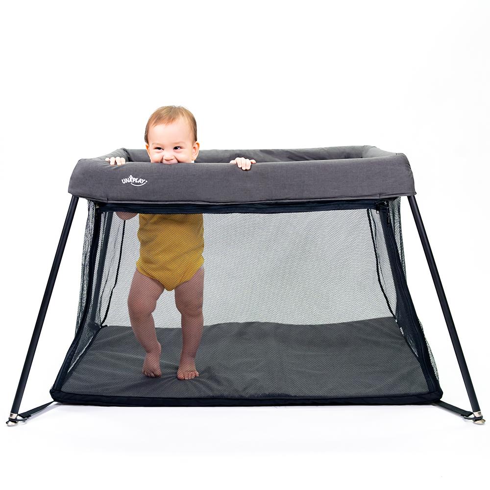 UNiPLAY Portable Playard showcasing its lightweight design and sturdy frame, perfect for travel and easy assembly.