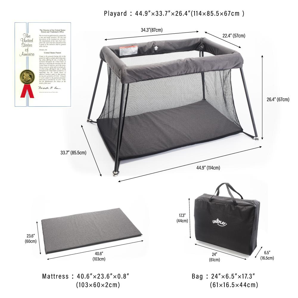 UNiPLAY Portable Playard showcasing its lightweight design and sturdy frame, perfect for travel and easy assembly.