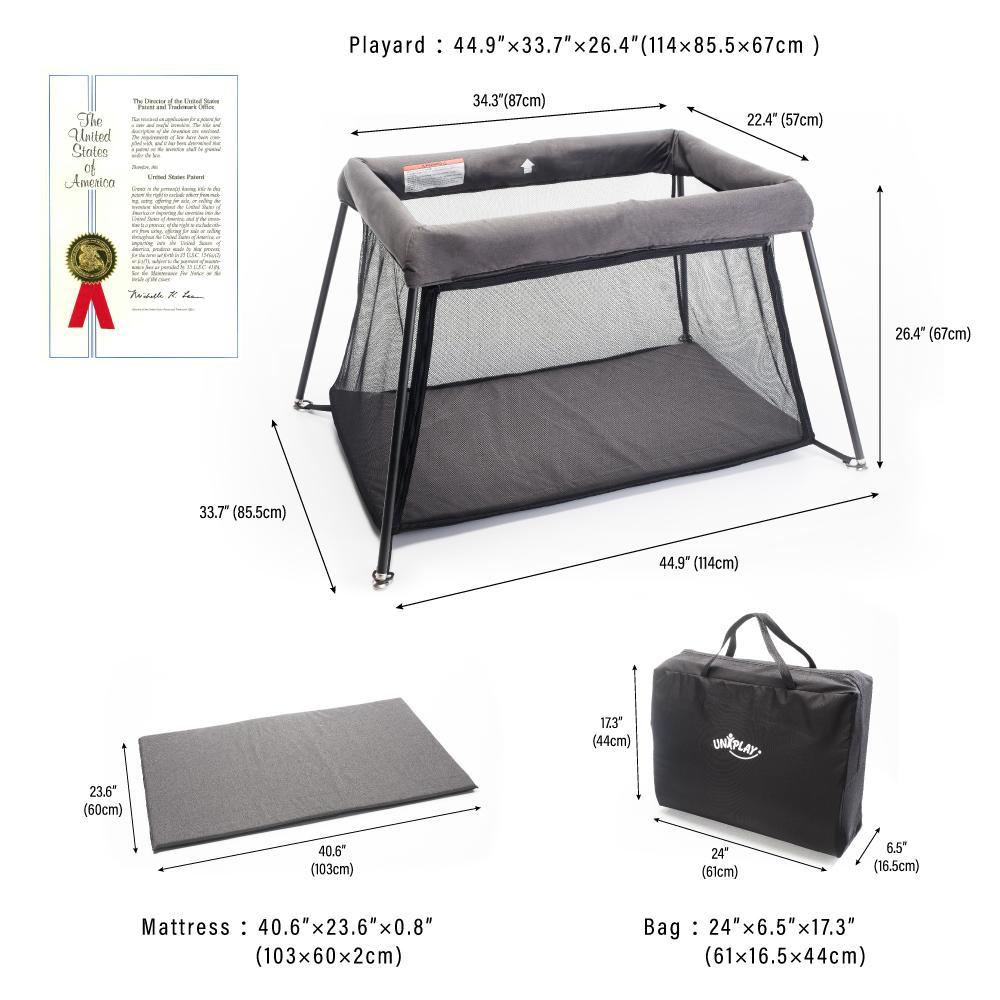 UNiPLAY Portable Playard showcasing its lightweight design and sturdy frame, perfect for travel and easy assembly.