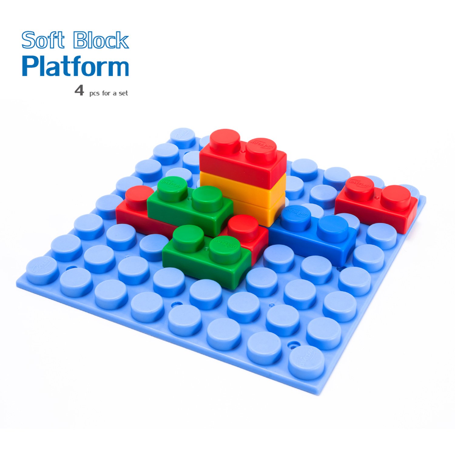 UNiPLAY Soft Building Blocks Platform 4pcs featuring colorful, soft, and safe building blocks designed for babies over 3 months old.