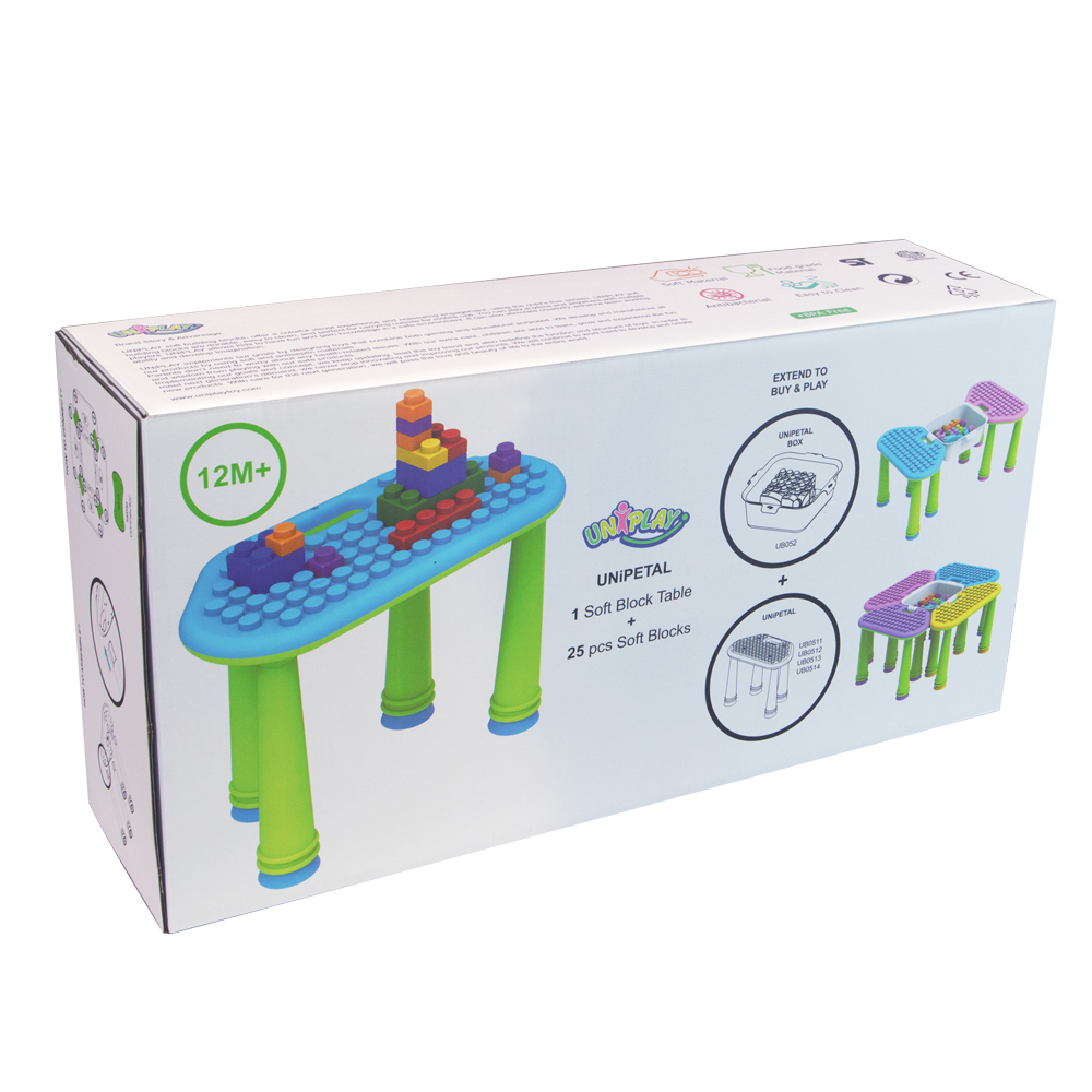 UNiPLAY Soft Building Blocks Table in UNiPetal Purple, featuring soft, rounded blocks designed for safe play and creativity.