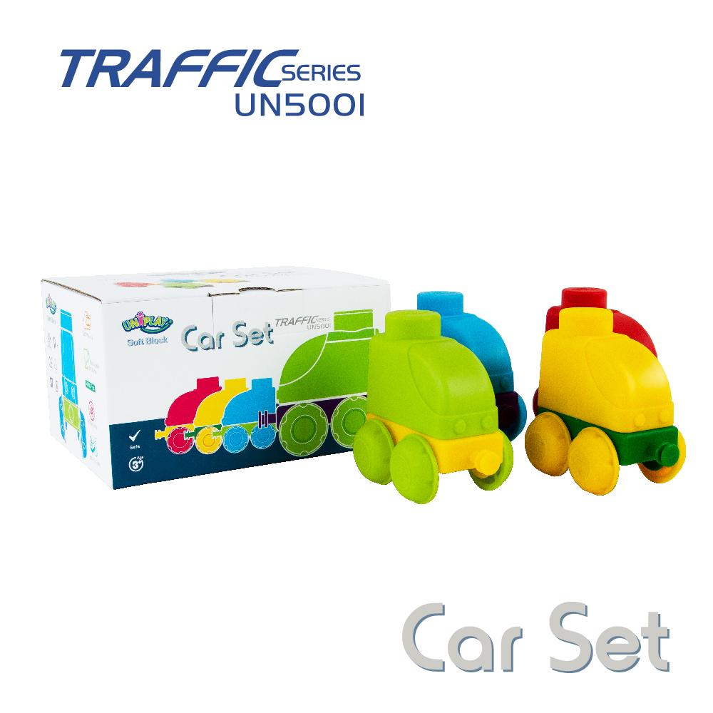 Colorful Uniplay Soft Building Blocks in Traffic Series, featuring various shapes and transport themes, designed for safe and imaginative play.