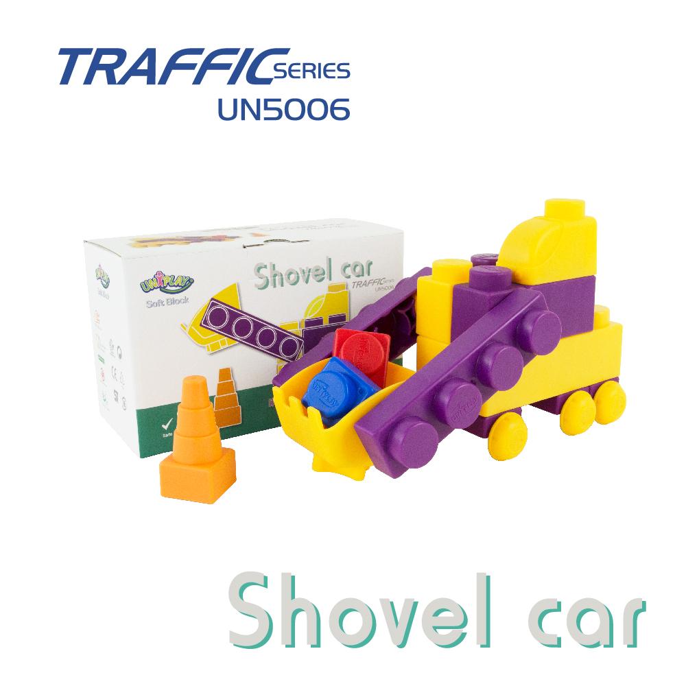 Colorful Uniplay Soft Building Blocks in Traffic Series, featuring various shapes and transport themes, designed for safe and imaginative play.