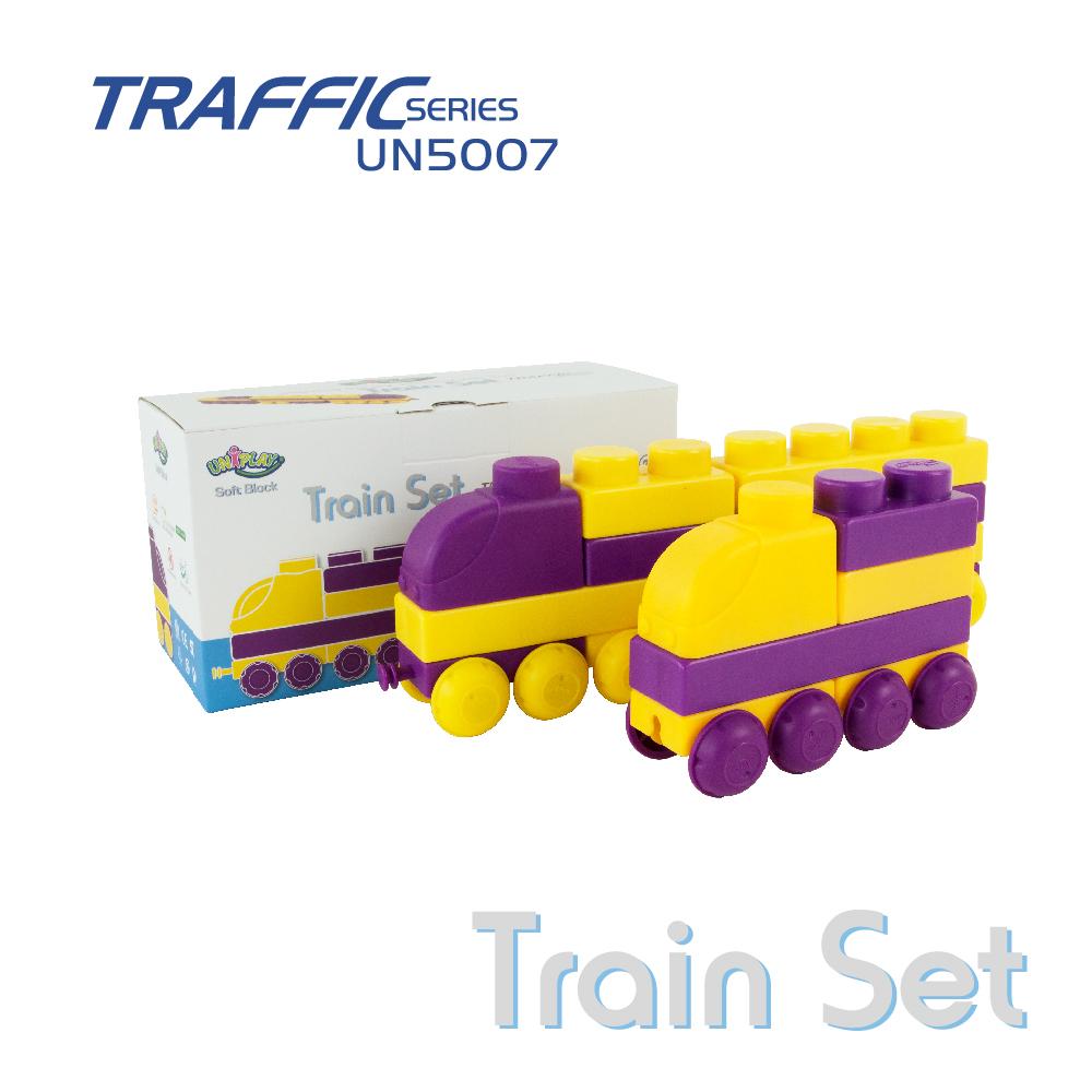 Colorful Uniplay Soft Building Blocks in Traffic Series, featuring various shapes and transport themes, designed for safe and imaginative play.