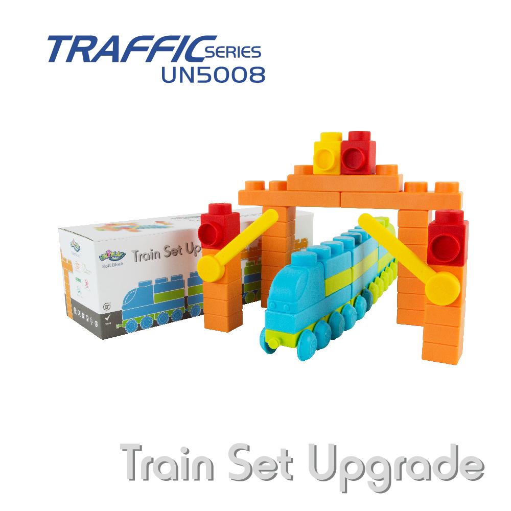 Colorful Uniplay Soft Building Blocks in Traffic Series, featuring various shapes and transport themes, designed for safe and imaginative play.