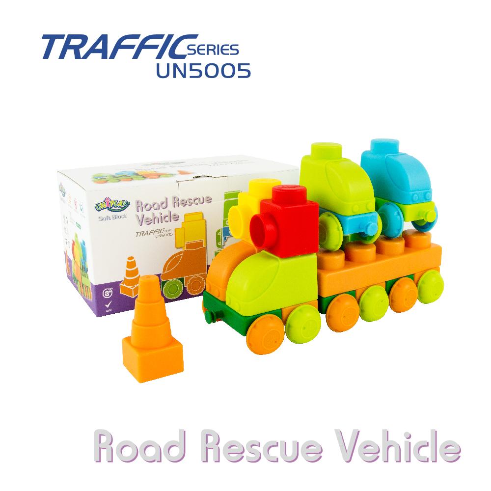 Colorful Uniplay Soft Building Blocks in Traffic Series, featuring various shapes and transport themes, designed for safe and imaginative play.