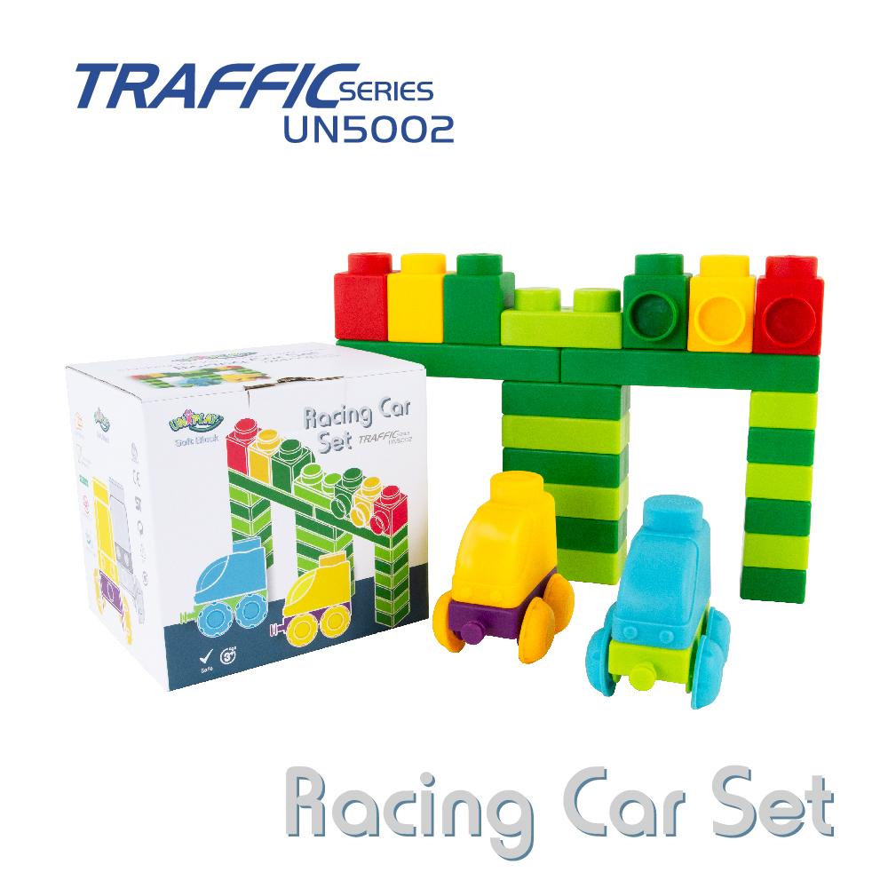 Colorful Uniplay Soft Building Blocks in Traffic Series, featuring various shapes and transport themes, designed for safe and imaginative play.