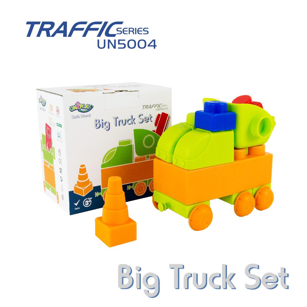 Colorful Uniplay Soft Building Blocks in Traffic Series, featuring various shapes and transport themes, designed for safe and imaginative play.