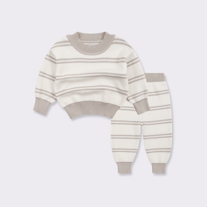 Unisex baby and kids grey striped pullover sweater and pants set, showcasing soft cotton material and trendy design.