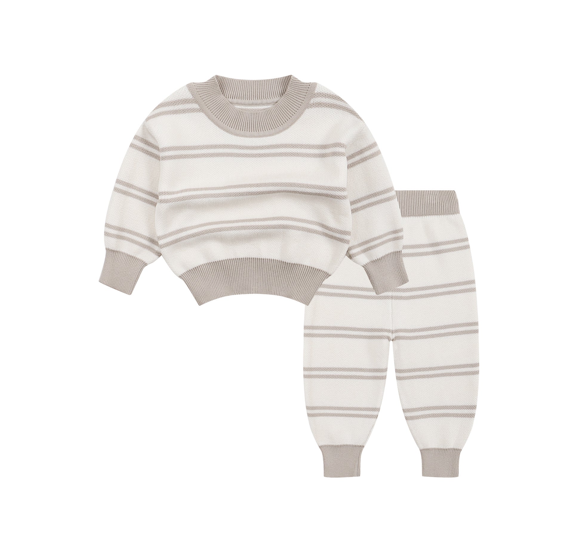 Unisex baby and kids grey striped pullover sweater and pants set, showcasing soft cotton material and trendy design.