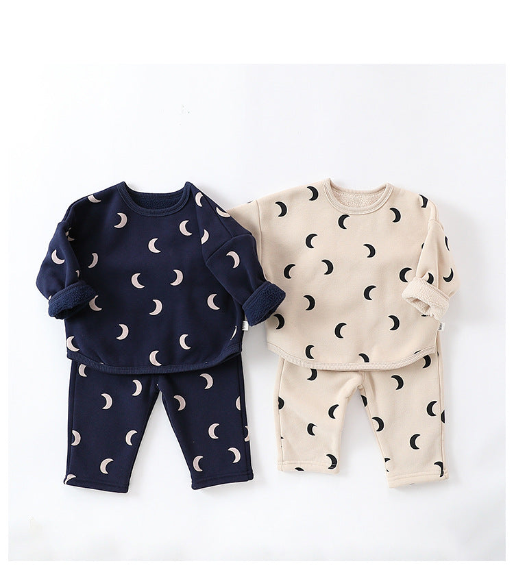 Unisex Baby Moon Print Round Collar Top Combo with Long Pants in Navy Blue and Apricot, featuring a playful moon and cartoon design.