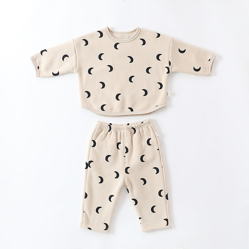 Unisex Baby Moon Print Round Collar Top Combo with Long Pants in Navy Blue and Apricot, featuring a playful moon and cartoon design.