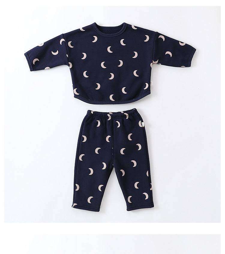 Unisex Baby Moon Print Round Collar Top Combo with Long Pants in Navy Blue and Apricot, featuring a playful moon and cartoon design.