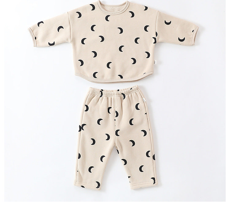 Unisex Baby Moon Print Round Collar Top Combo with Long Pants in Navy Blue and Apricot, featuring a playful moon and cartoon design.