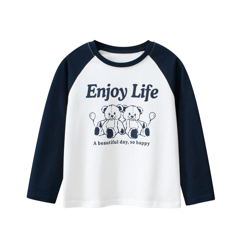 Unisex Kids Cartoon and Letters Print Crew Neck Long Sleeves in white, navy blue, and grey, featuring playful designs for boys and girls.