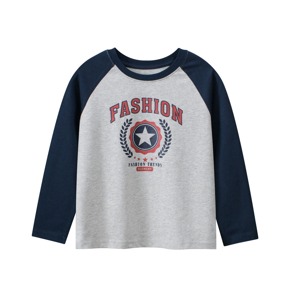 Unisex Kids Cartoon and Letters Print Crew Neck Long Sleeves in white, navy blue, and grey, featuring playful designs for boys and girls.