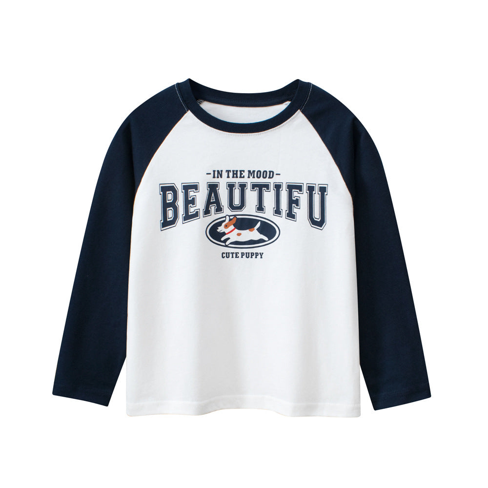 Unisex Kids Cartoon and Letters Print Crew Neck Long Sleeves in white, navy blue, and grey, featuring playful designs for boys and girls.