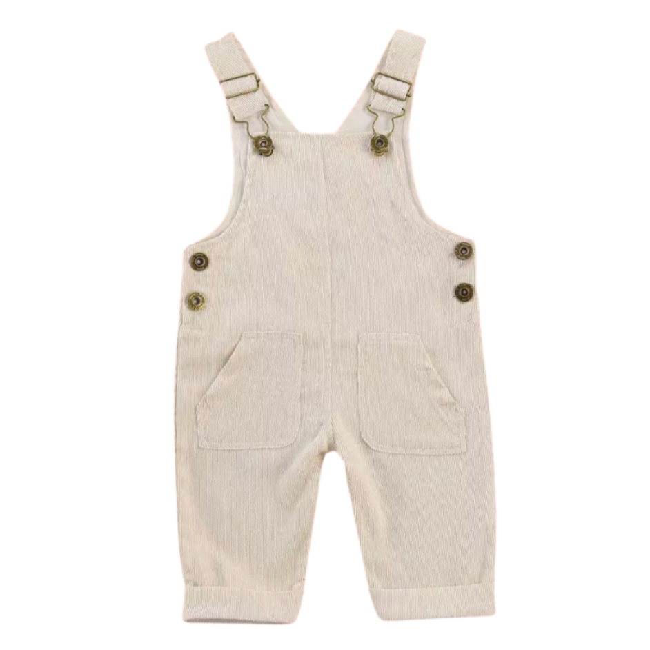 A pair of unisex tan overalls made from lightweight corduroy, suitable for children, featuring adjustable straps and a versatile design.