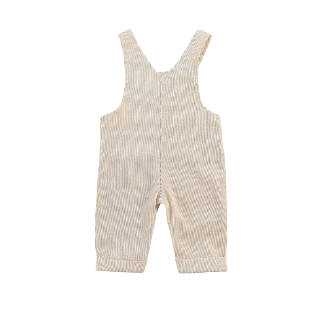 A pair of unisex tan overalls made from lightweight corduroy, suitable for children, featuring adjustable straps and a versatile design.