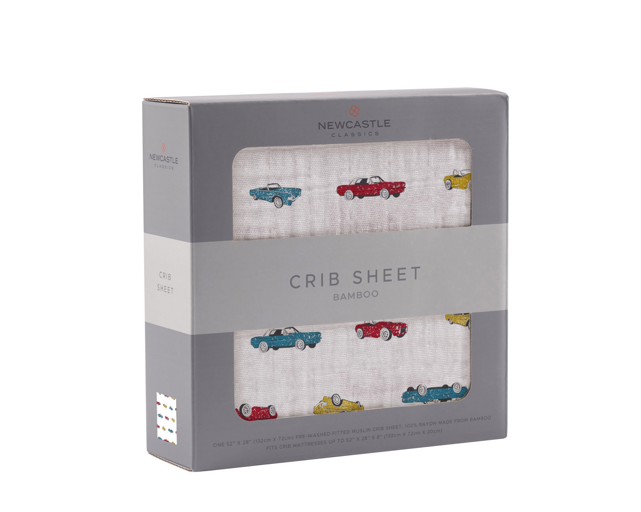 Vintage Muscle Cars Bamboo Muslin Crib Sheet featuring a soft, breathable design with a charming vintage car print.