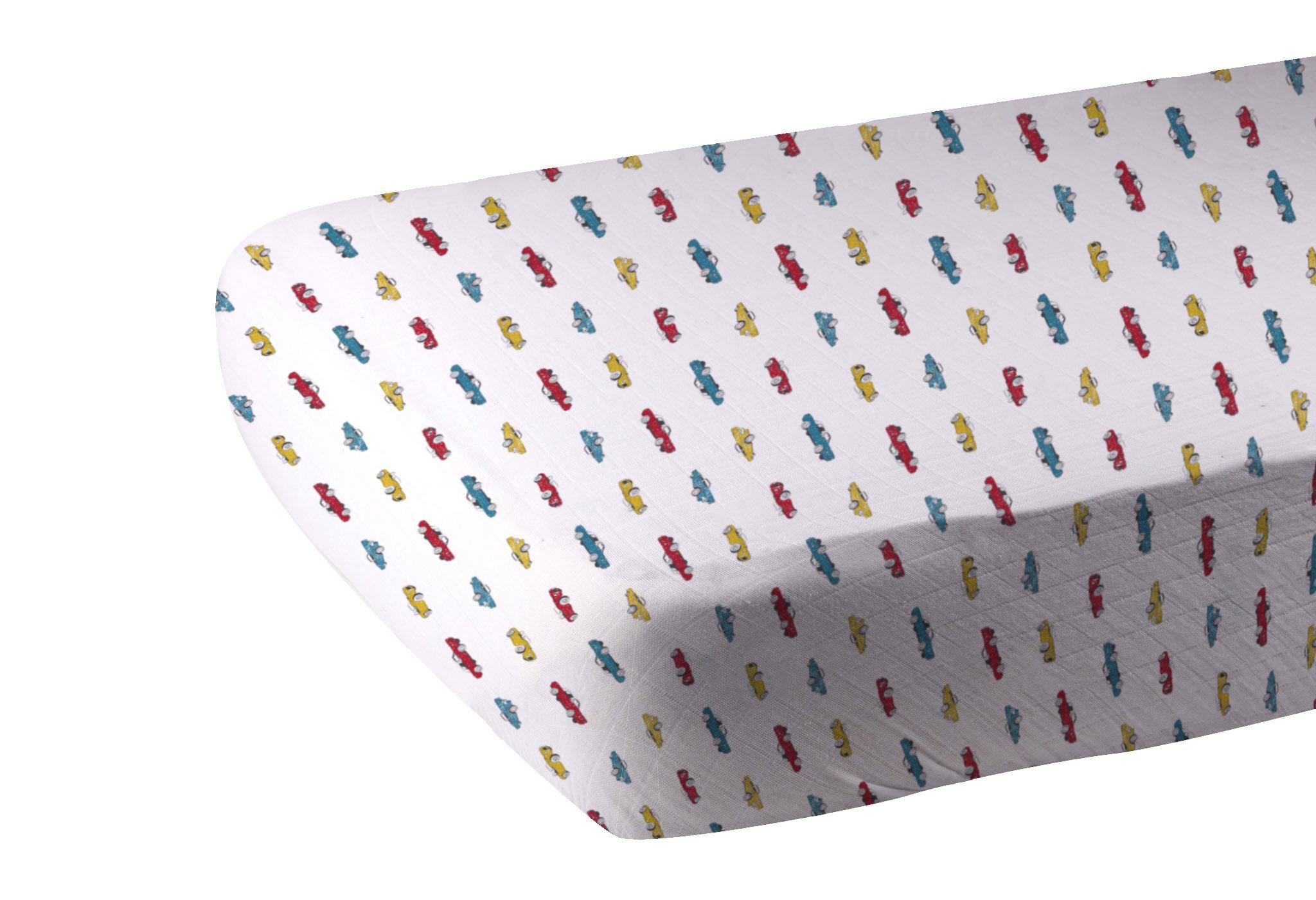 Vintage Muscle Cars Bamboo Muslin Crib Sheet featuring a soft, breathable design with a charming vintage car print.