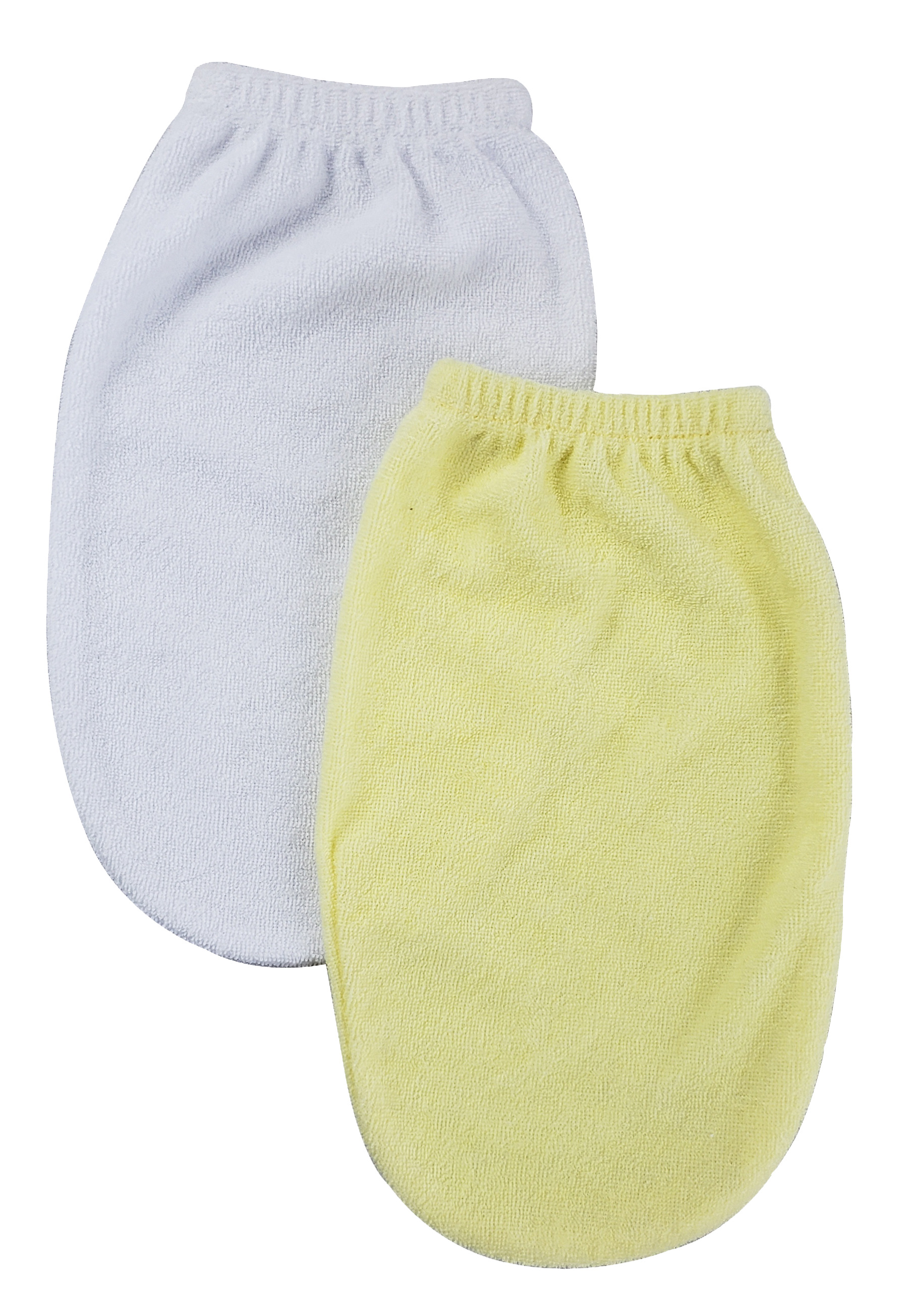 A set of two washcloth mitts in white and yellow, made from soft cotton blend, displayed on a clean surface.