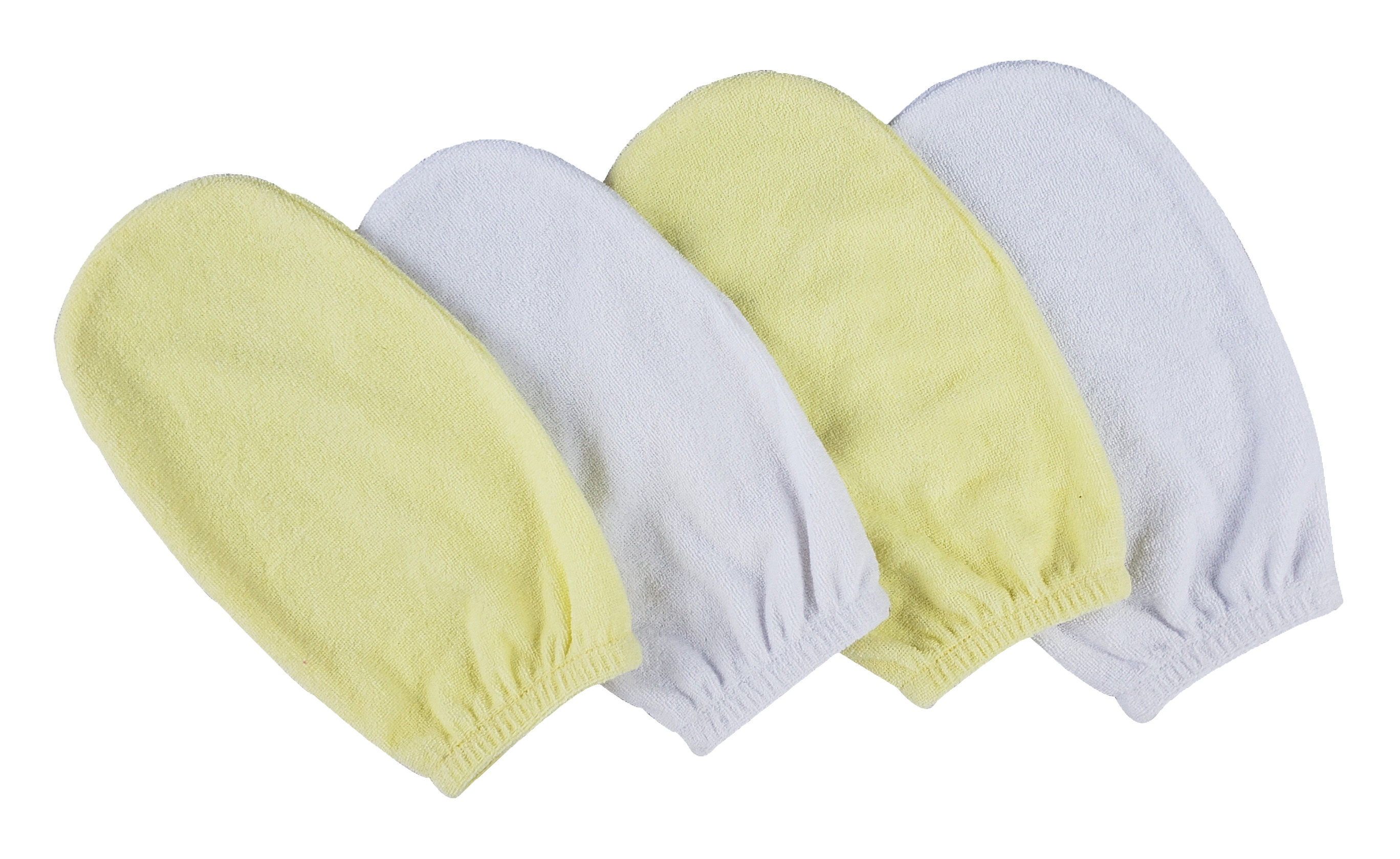 A set of four washcloth mitts in white and yellow, made from soft cotton blend, displayed neatly.